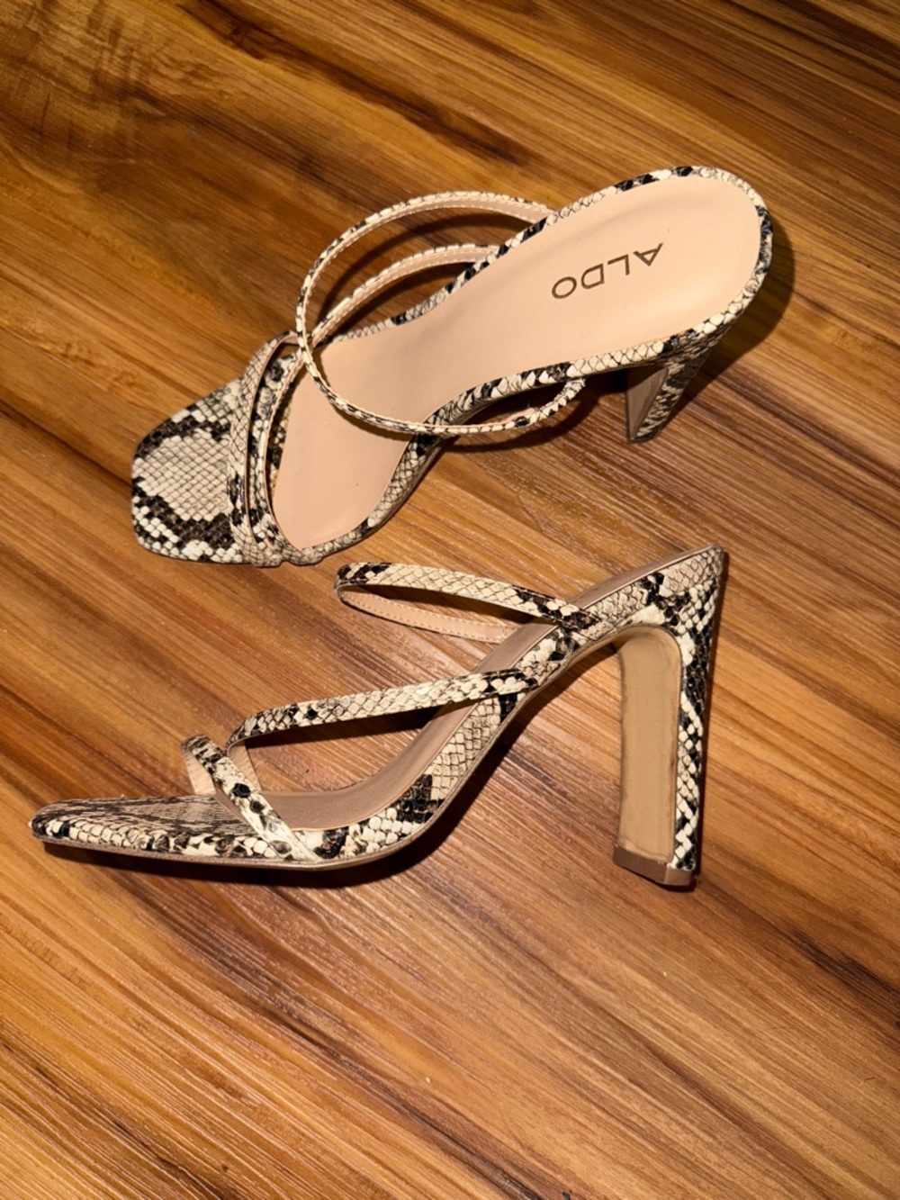 ALDO Black and Beige Snake-Print Strappy High Heel Sandals